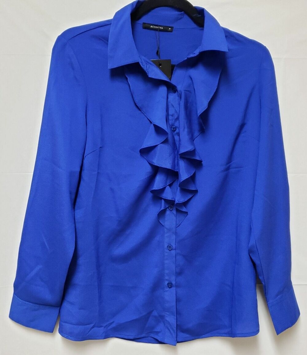 Aconiya Women’s Royal Blue Ruffle Front Button Down Career Blouse Shirt M NWT